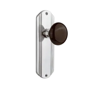 Deco Long Plate with Brown Porcelain Knob in Bright Chrome