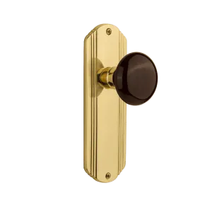 Deco Long Plate with Brown Porcelain Knob in Unlacquered Brass