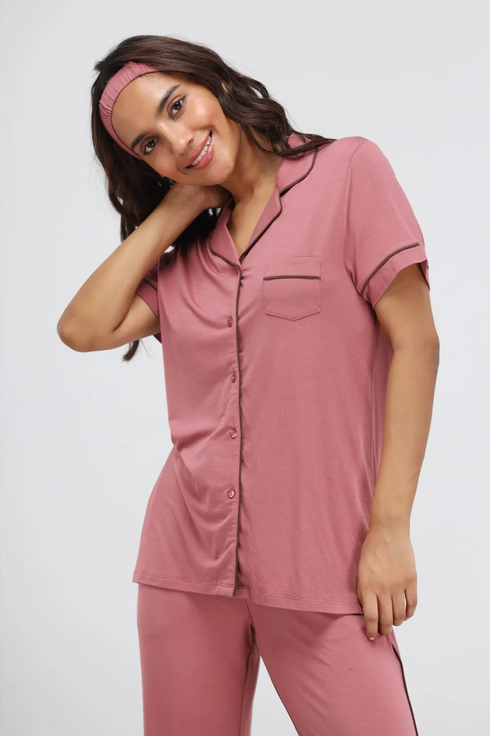 Deco Rose Modal Button Down Piping Half Sleeve Lounge Top