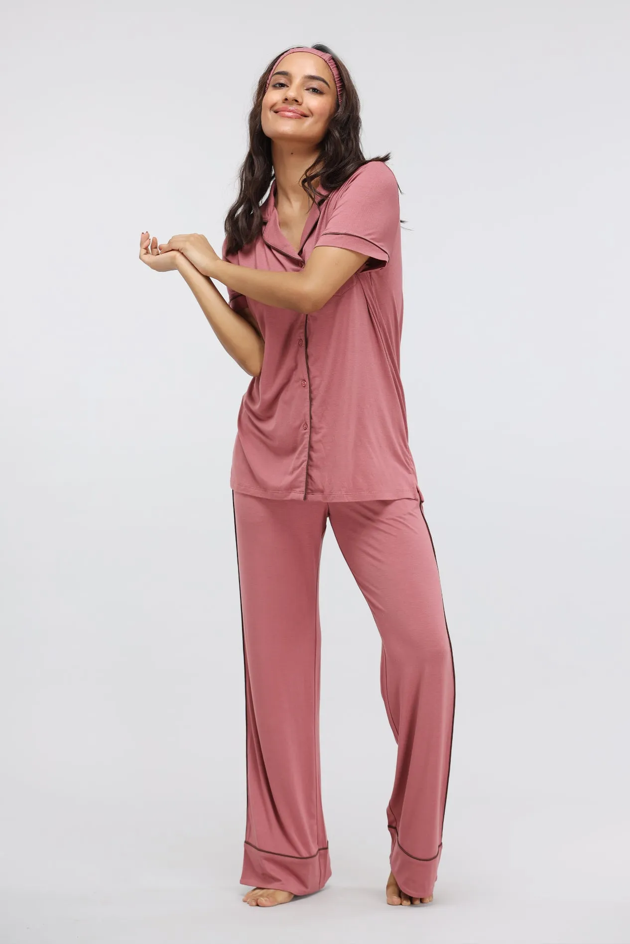 Deco Rose Piping Modal Pajama Set with Half Sleeve top