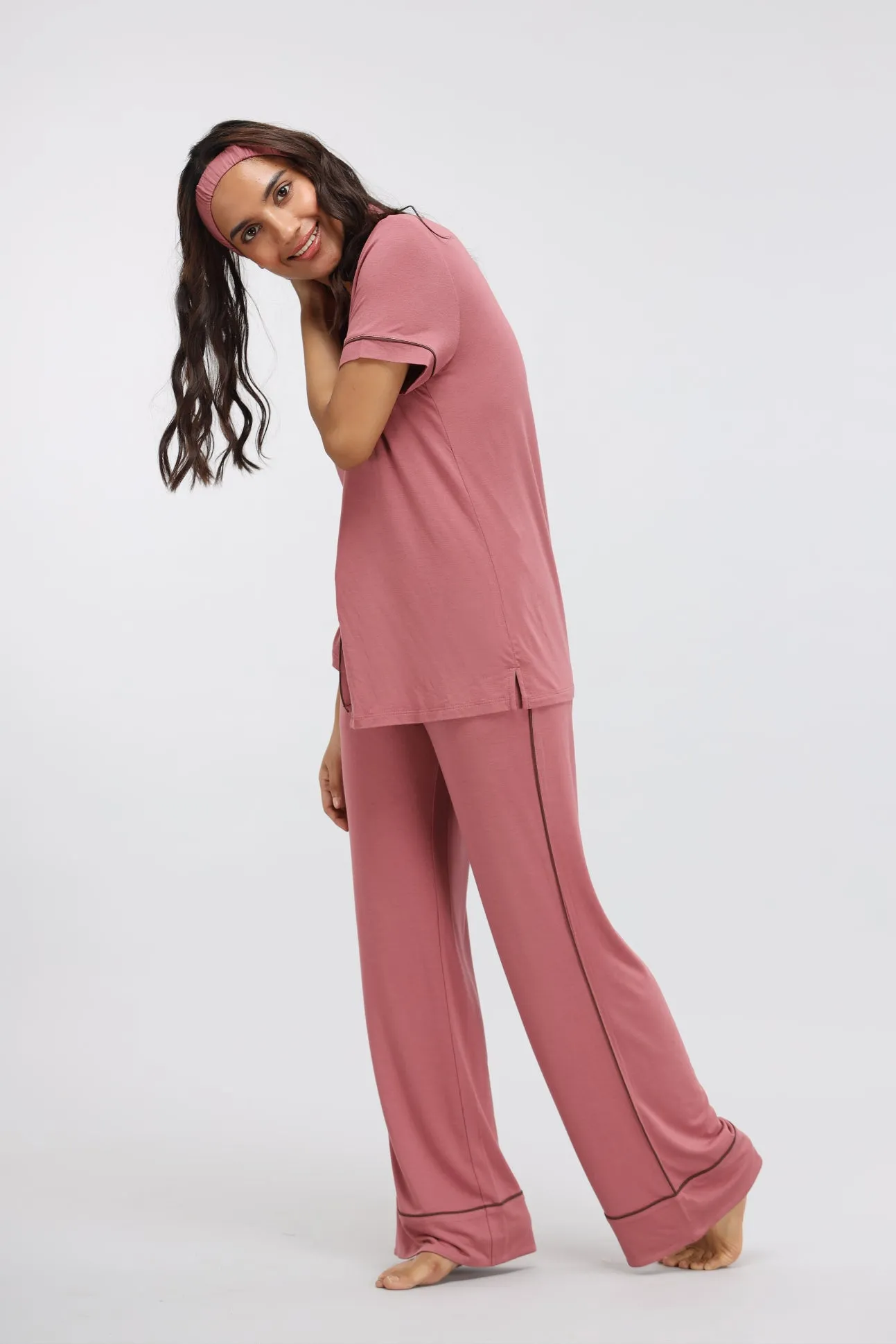 Deco Rose Piping Modal Pajama Set with Half Sleeve top