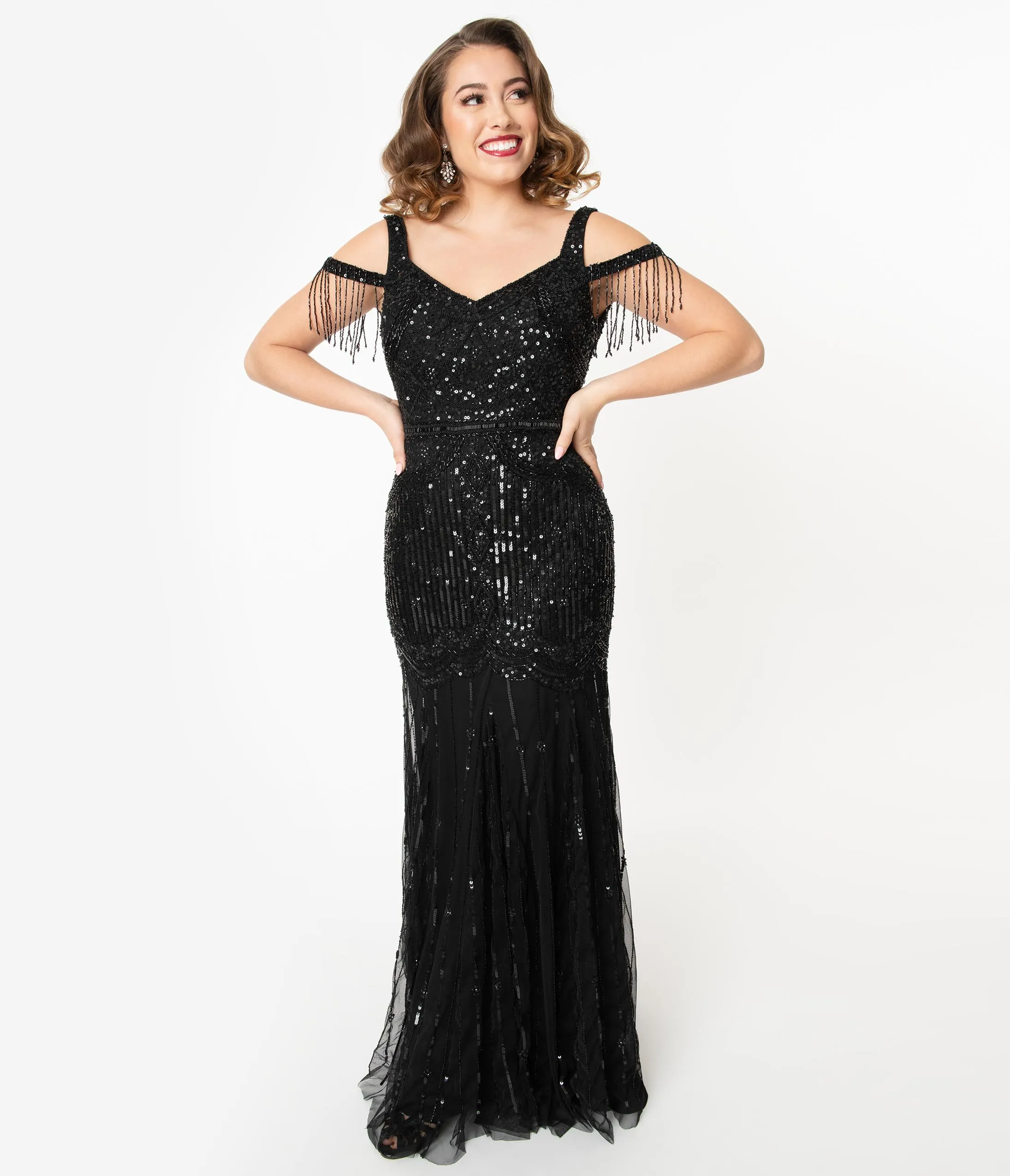 Deco Style Black Beaded Mermaid Chloe Flapper Gown