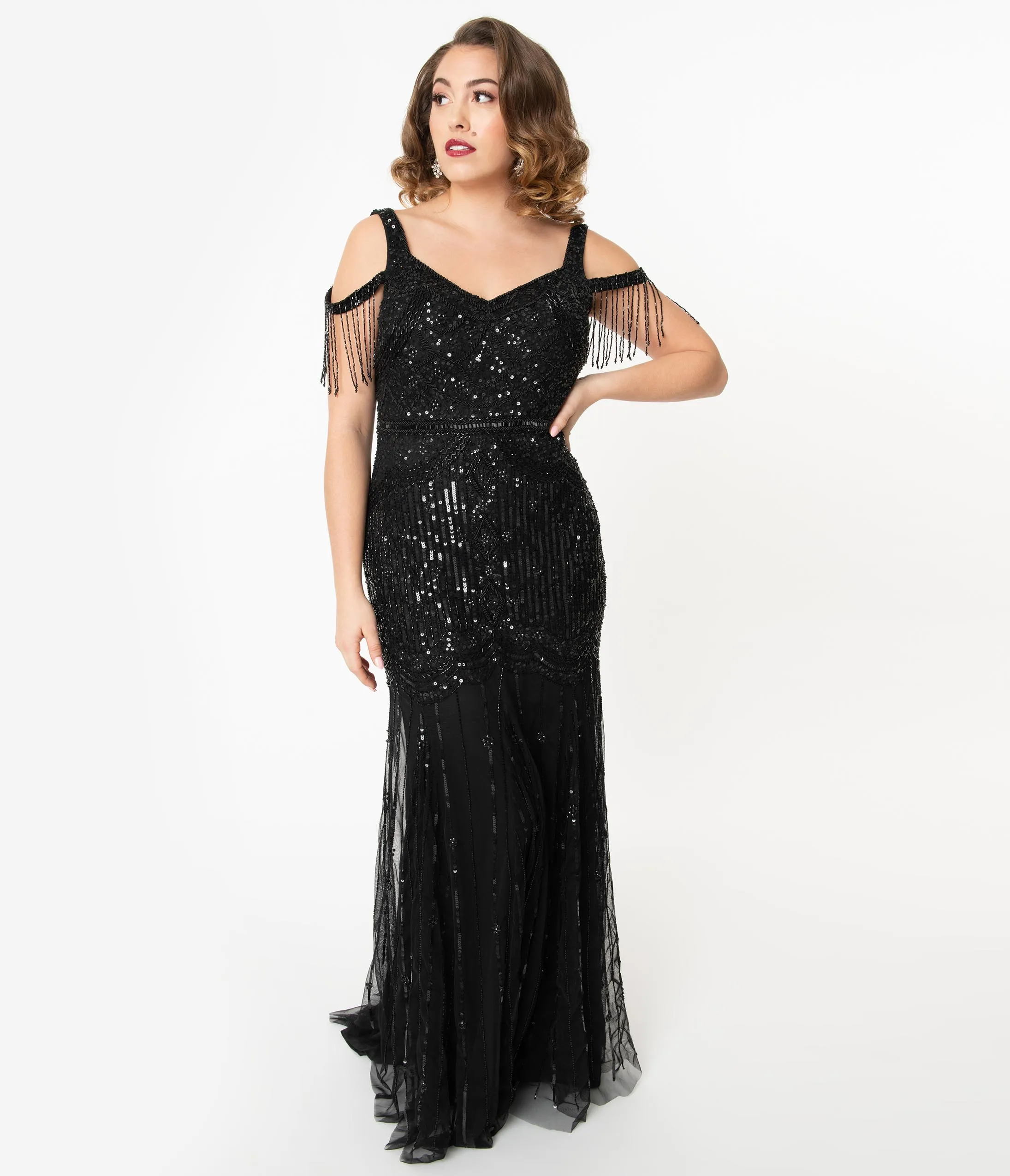 Deco Style Black Beaded Mermaid Chloe Flapper Gown