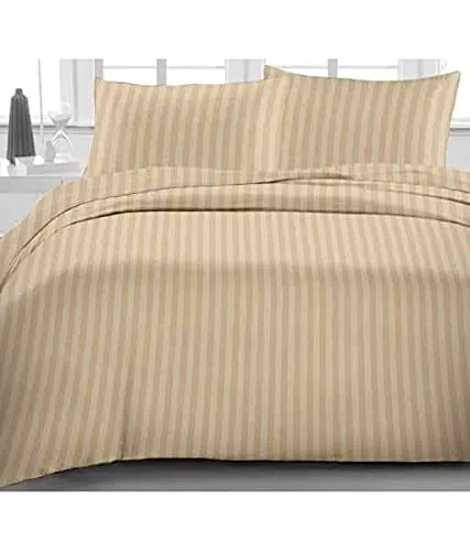 DECOR2ADMIRE 300TC Pure Cotton Plain Stripe King Size Double Bedsheet for Double Bed with Two Pillow Covers (Super King, Beige) (108 * 108 Inches)