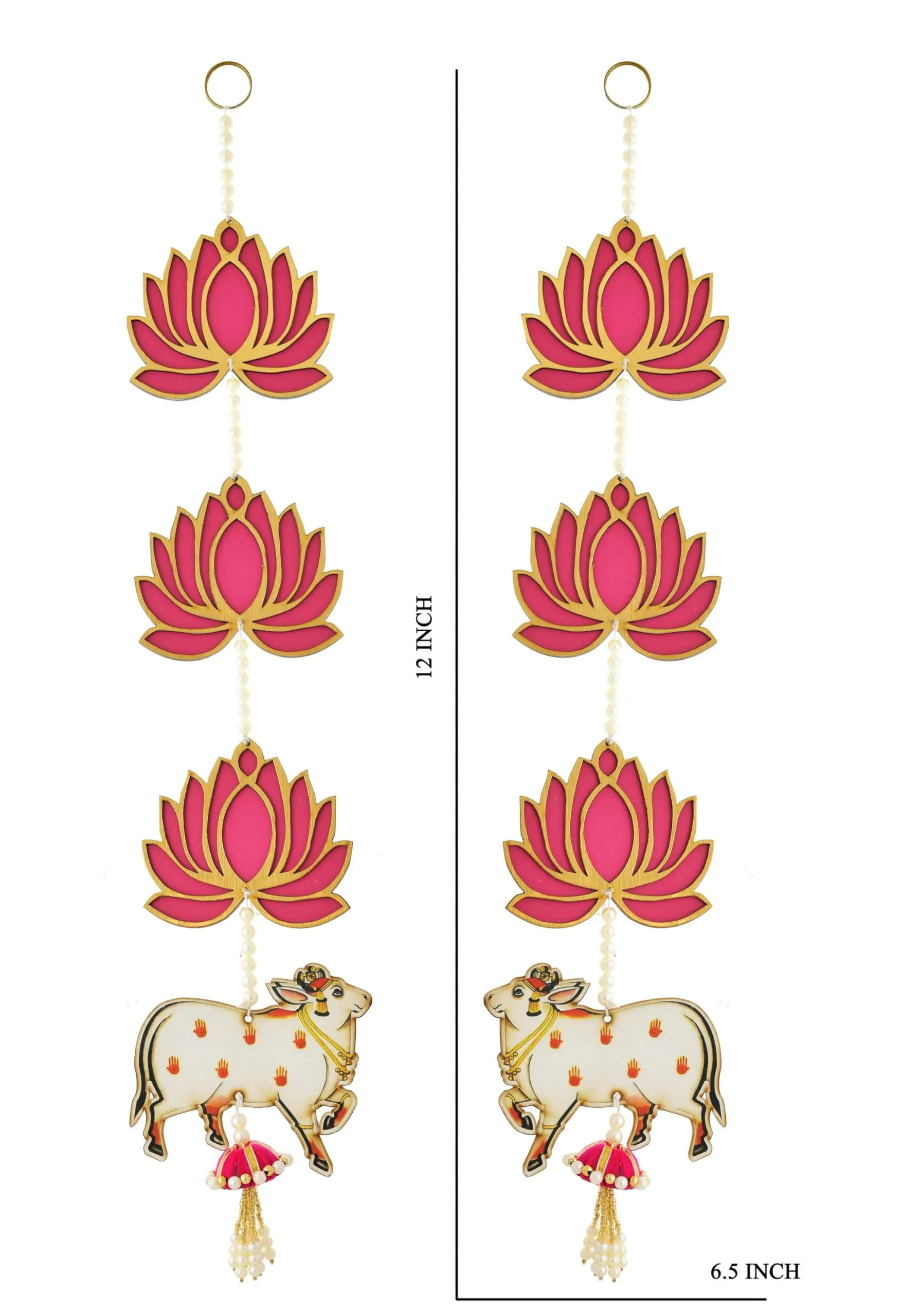 Decorative Door Hanging with Cow and Lotus Motifs, 12 INCH x 6.5 INCH, Pink and Gold