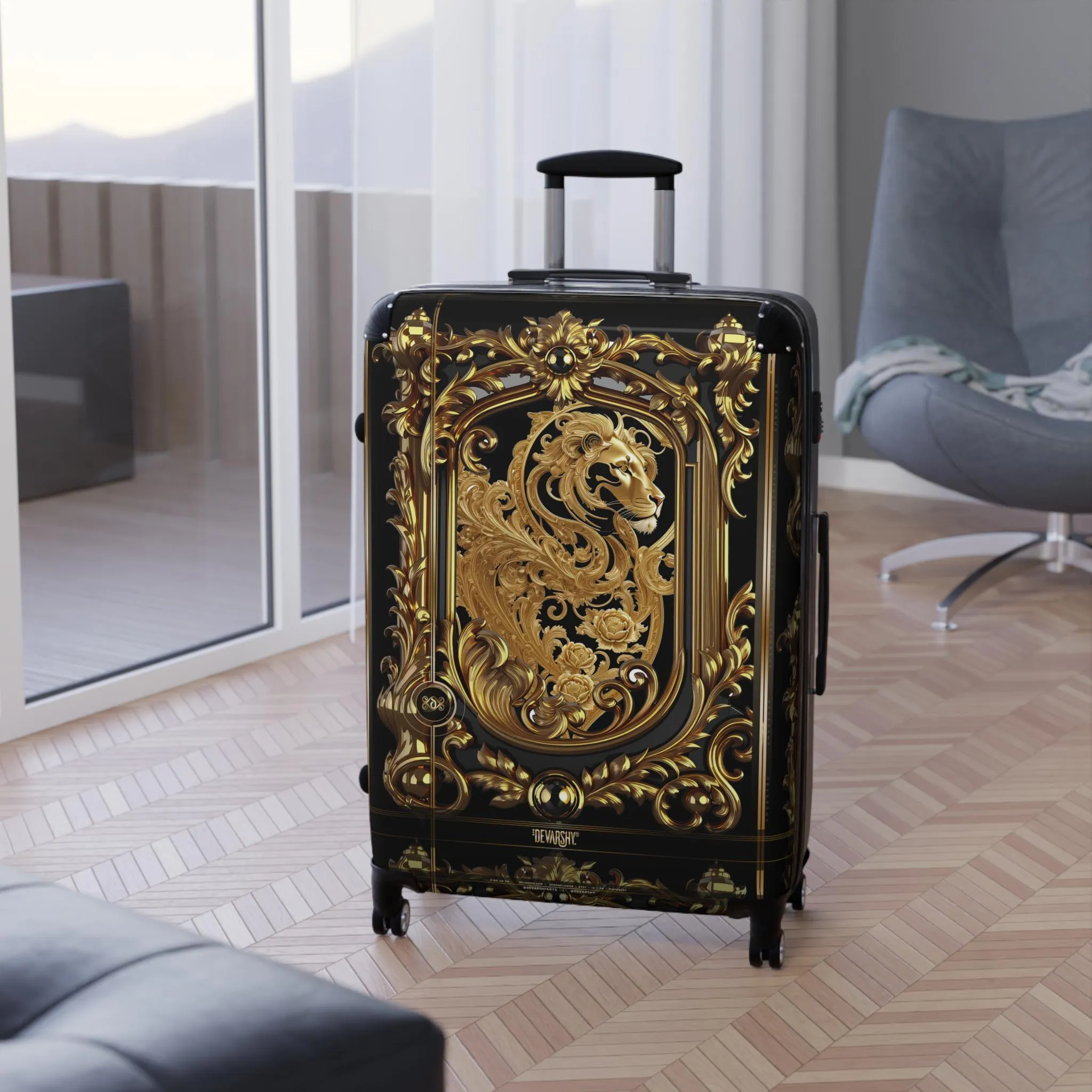 Decorative Gold Suitcase Baroque Travel Luggage Carry-on Suitcase Luxury Hard Shell Suitcase Ornate Lion Travel Suitcase | X3481