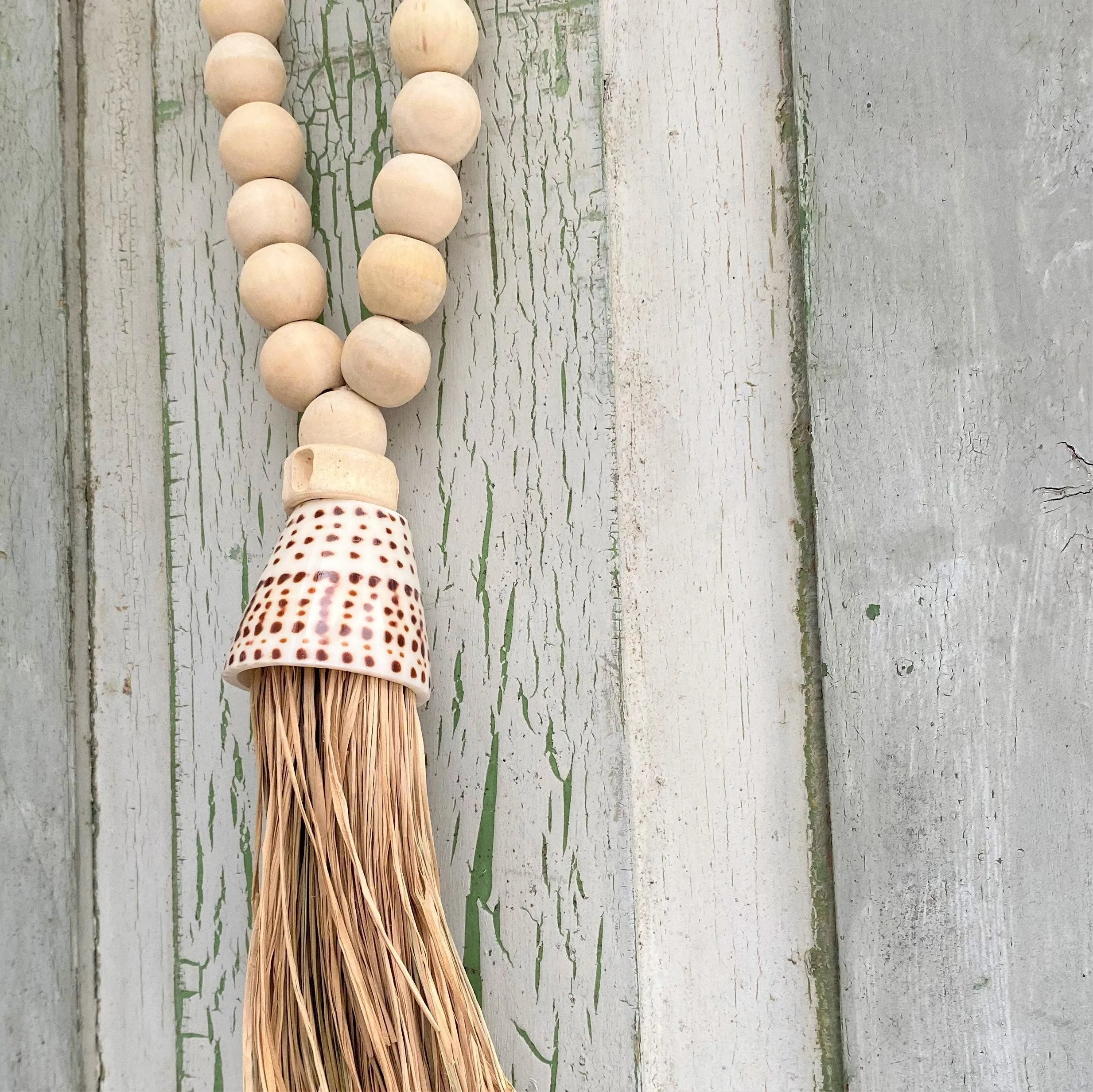 Decorative Macramé Shell & Wooden Bead Garland Tassel - Cotton Curtain Tieback Wall Hanging 35cm