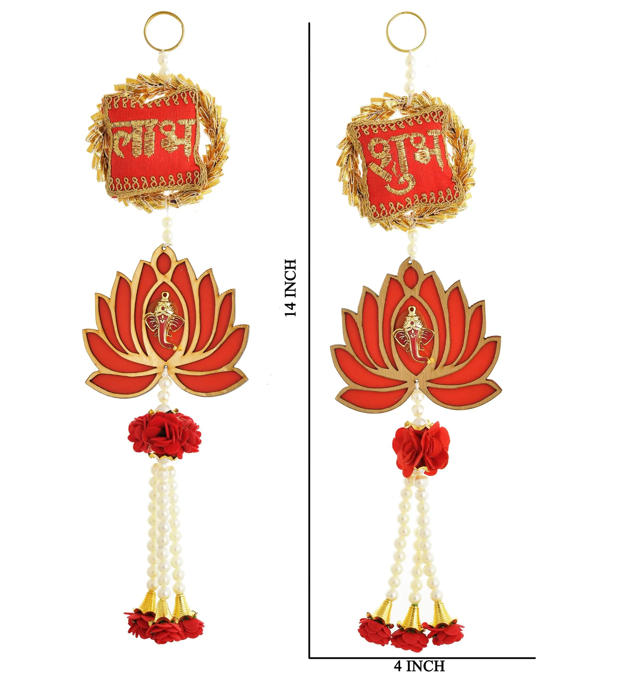 Decorative Shubh Labh Lotus Door Hanging with Pearl Strings, 14 inch, Red and Gold