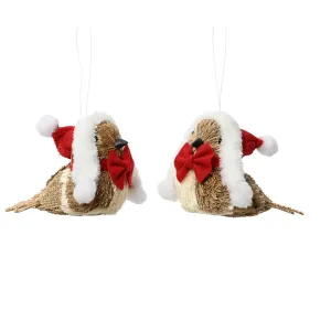 Decoris 12cm Straw Christmas Robins With Red Hats (Choice of 2)