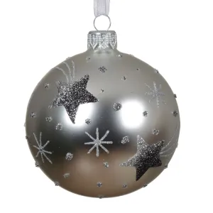 Decoris 8cm Silver Glitter Stars Glass Bauble - 053284