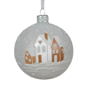 Decoris 8cm White Glitter Beige Houses Glass Bauble - 053244