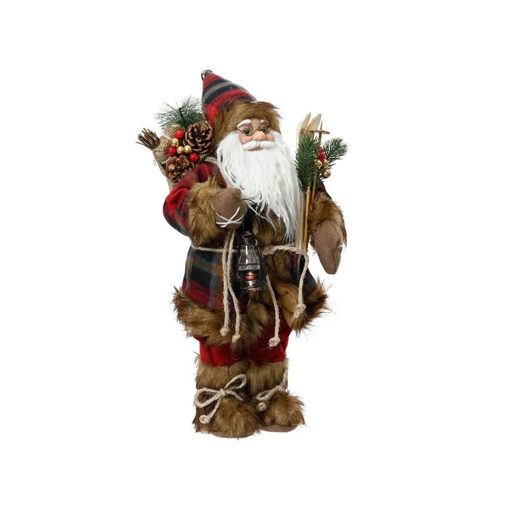 Decoris Polyester Santa Figure with Checkered Patterned Coat and Skis 30cm