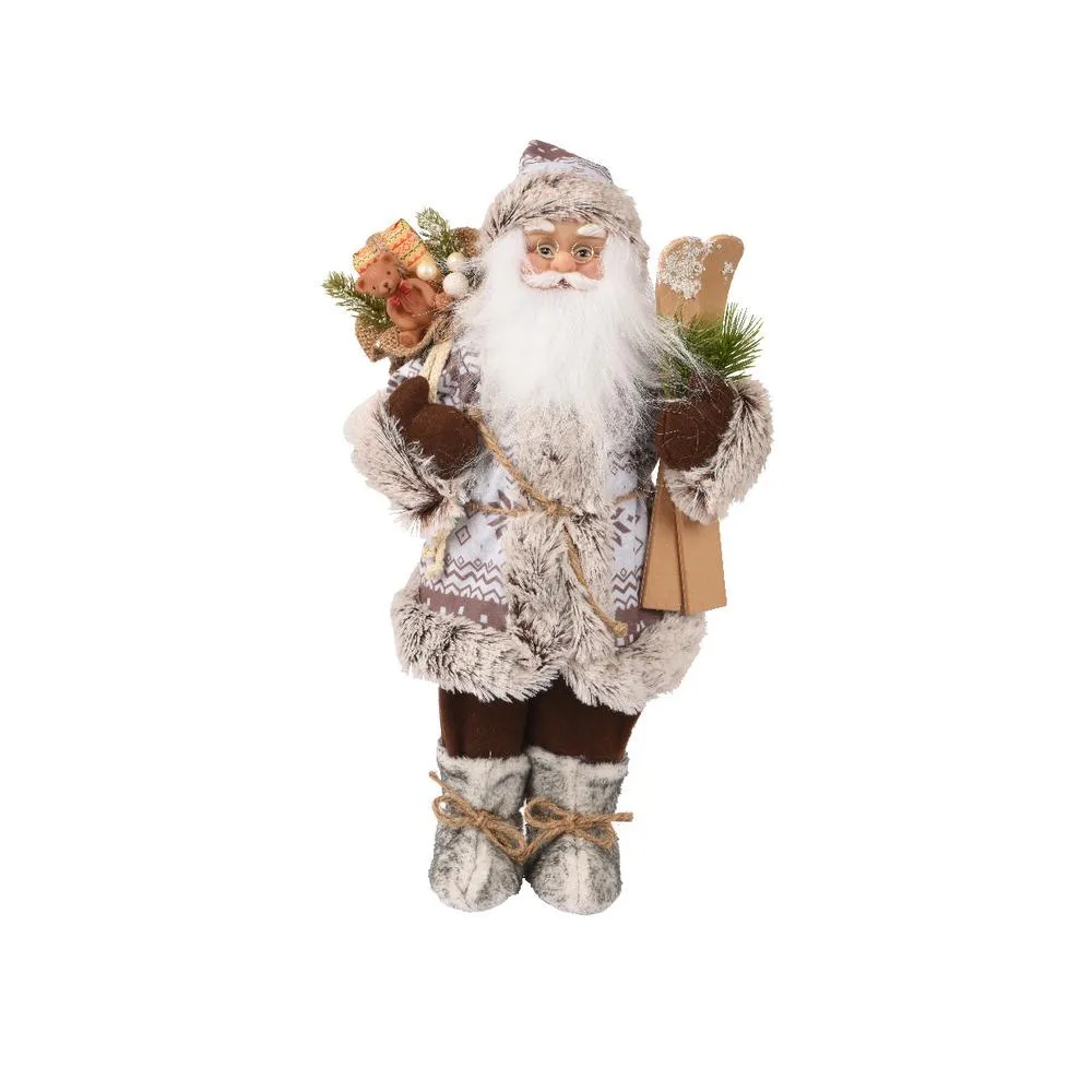 Decoris Polyester Santa with Fur Boots, Gloves, Giftbag and Green Branches 45cm - Brown