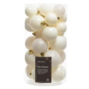 Decoris Shatterproof Baubles Tube of 30 Pieces Mixed Sizes - Wool White