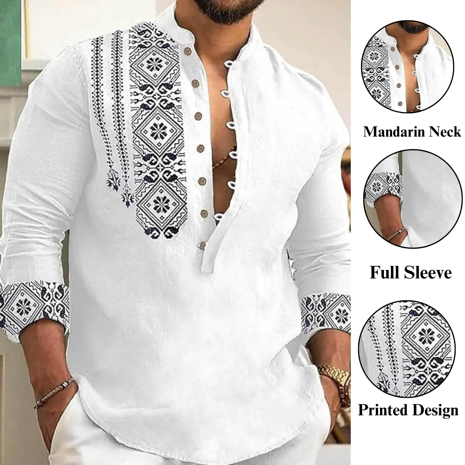 DEELMO Men's Cotton Blend Mandarin Collar Regular Fit Full Sleeve Casual Short Kurta, White, 2XL