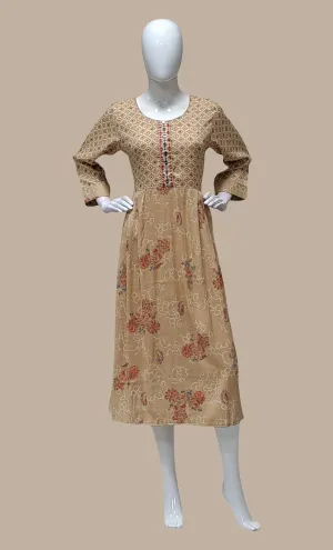 Deep Beige Bandhani Printed Kurti Dress