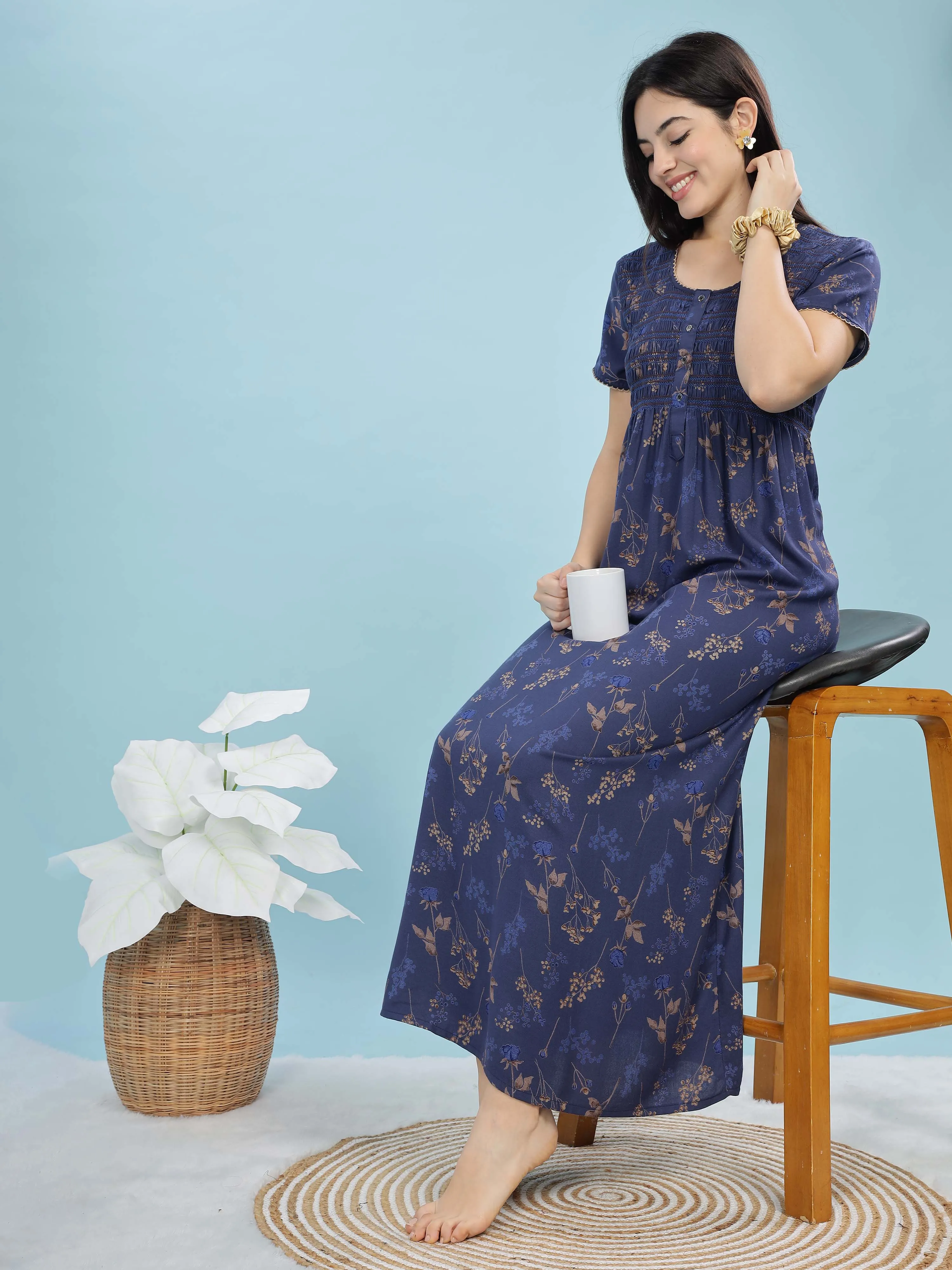 Deep Blue Alpine Maxi Nighty with Front Pleats & Pocket