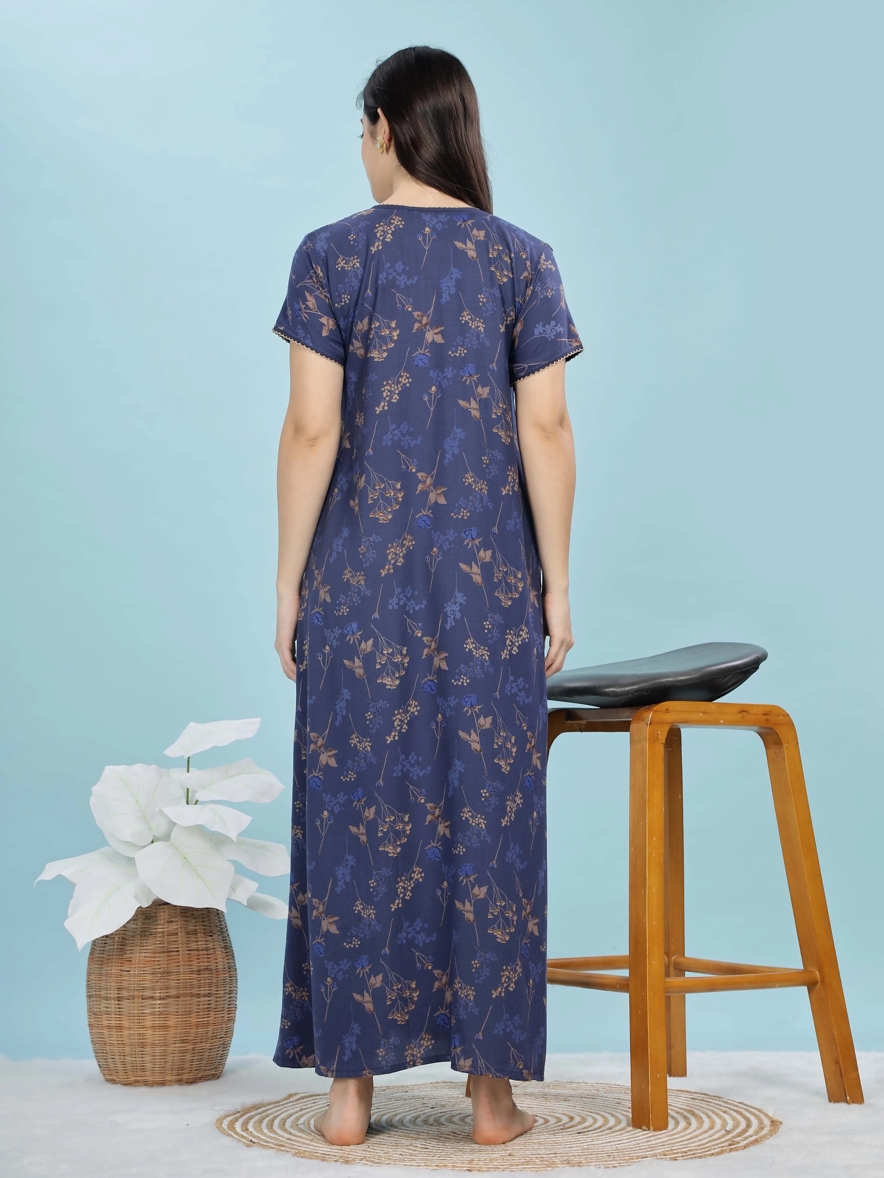 Deep Blue Alpine Maxi Nighty with Front Pleats & Pocket