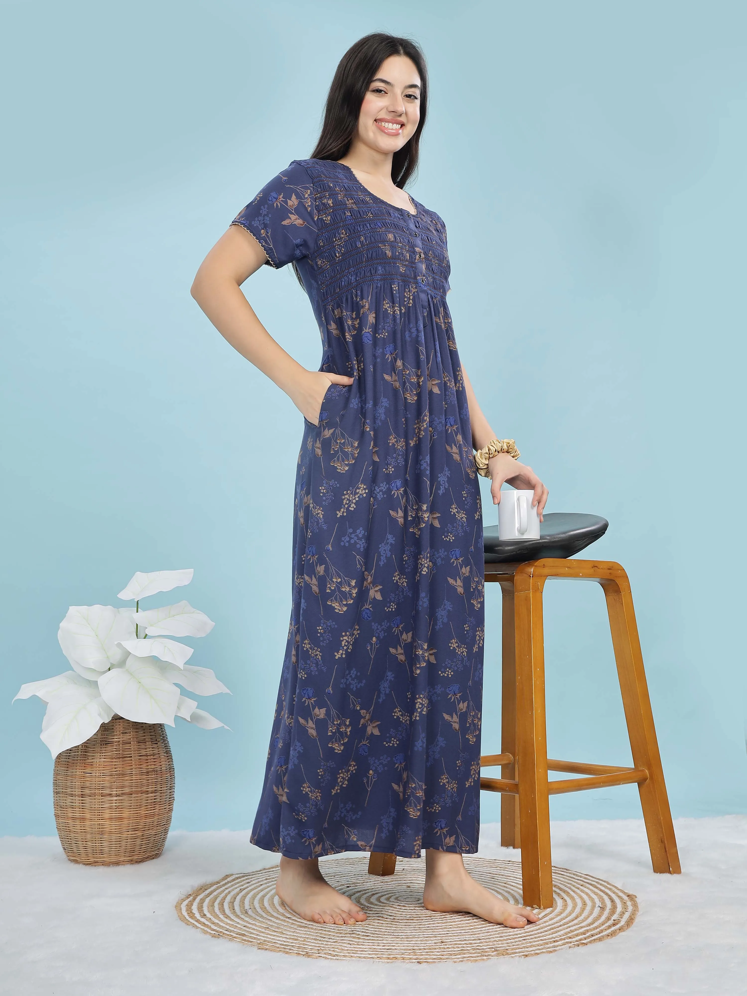 Deep Blue Alpine Maxi Nighty with Front Pleats & Pocket