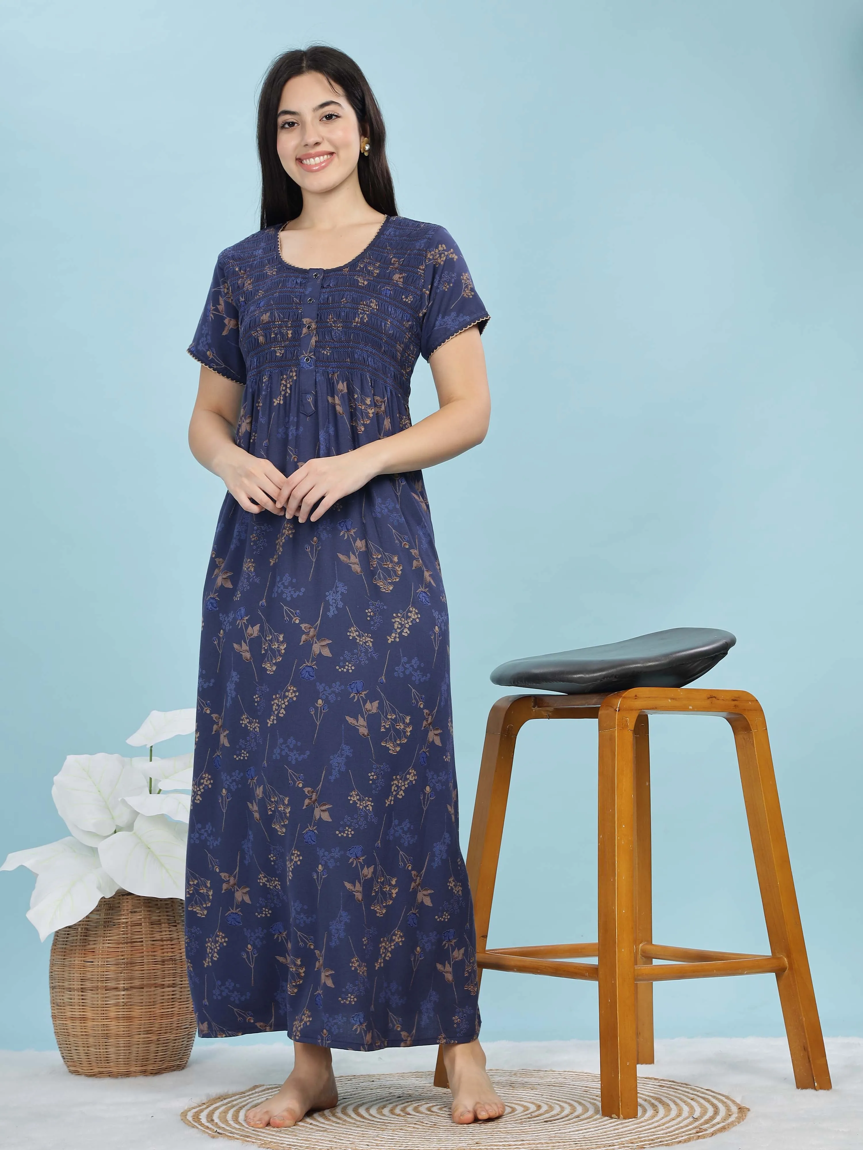 Deep Blue Alpine Maxi Nighty with Front Pleats & Pocket