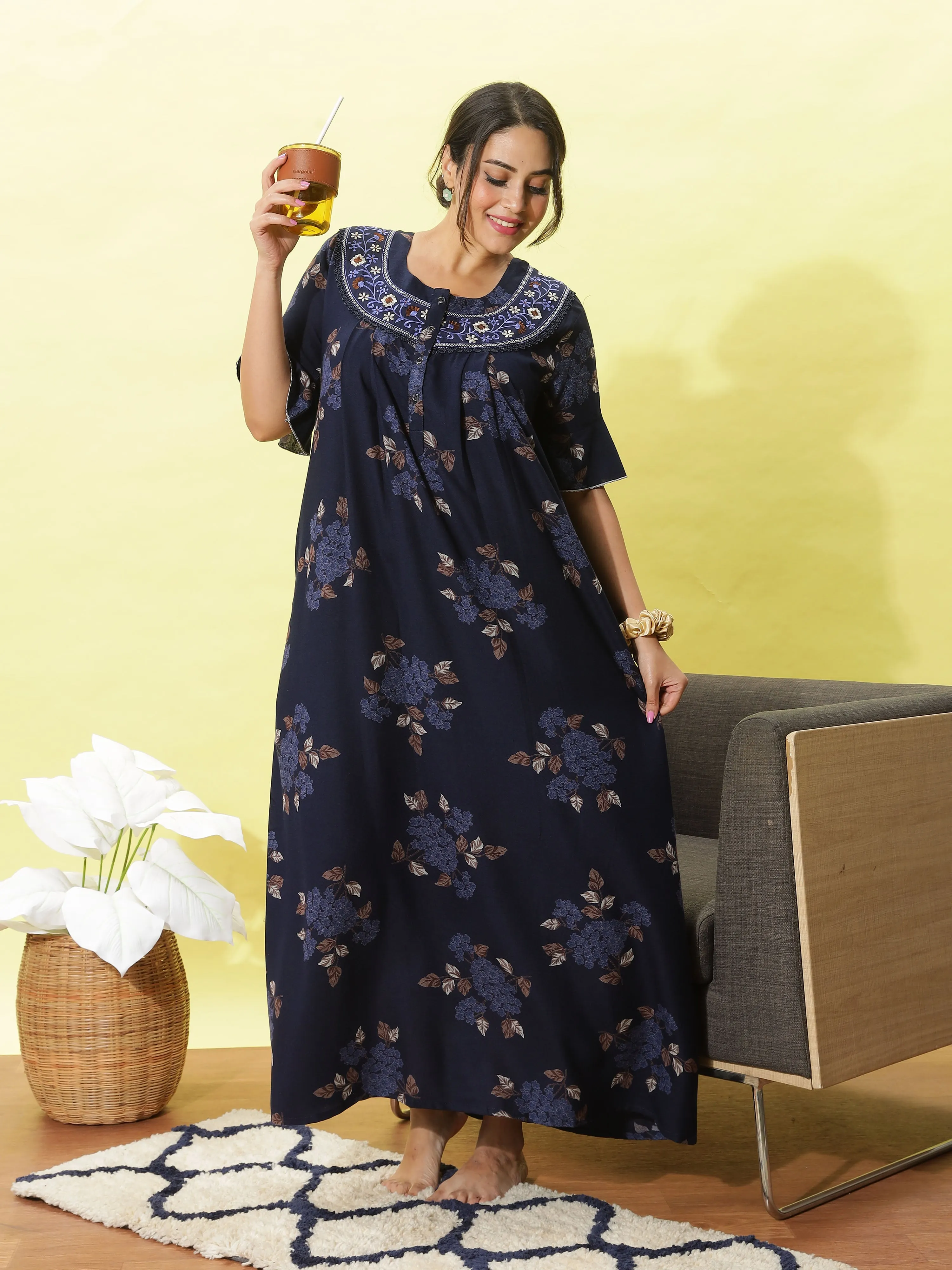 Deep Blue Alpine Nighty for Women With Floral Print Maxi Nightdress