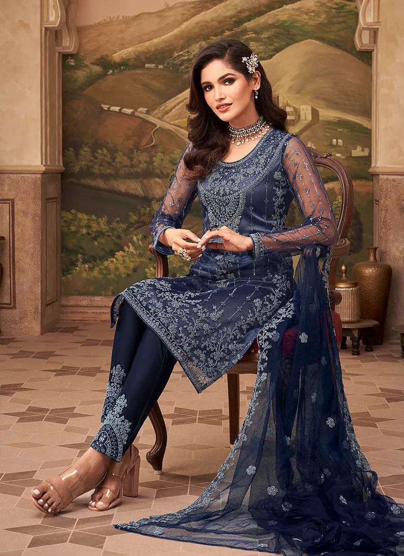 Deep Blue Dori Embroidered Pakistani Pant Style Suit