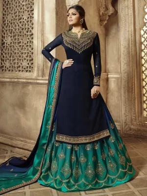 Deep Blue Golden Embroidered Party Wear Lehenga Suit