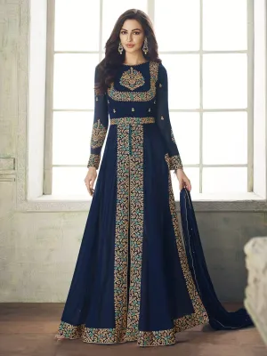 Deep Blue Overall Embroidered Party Wear Pant Suit