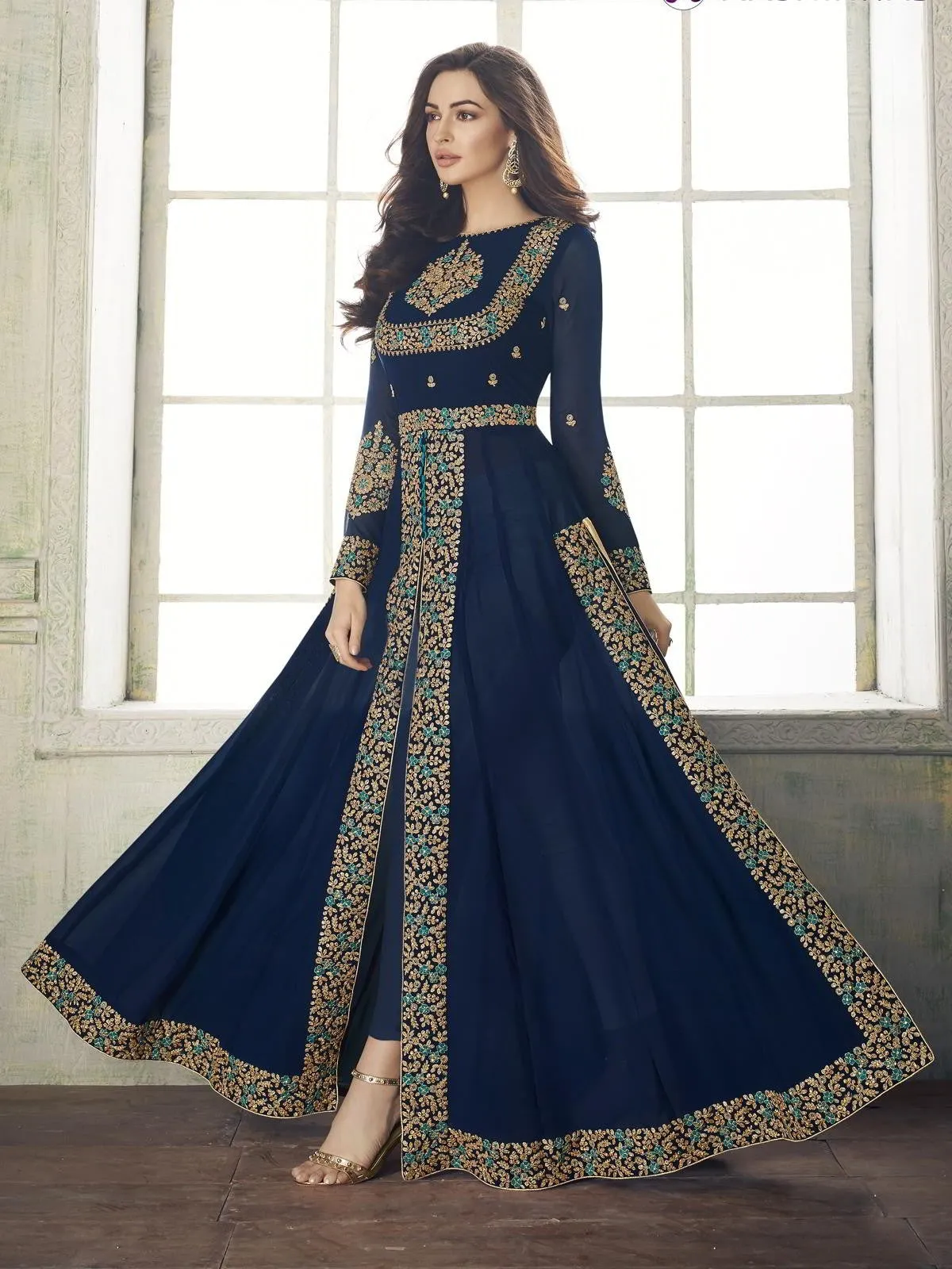 Deep Blue Overall Embroidered Party Wear Pant Suit