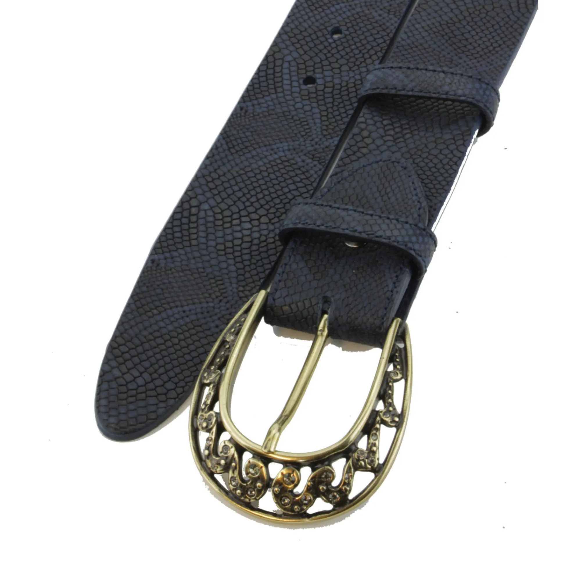 Deep Blue Python Texture Supple Swarovski Filigree Belt