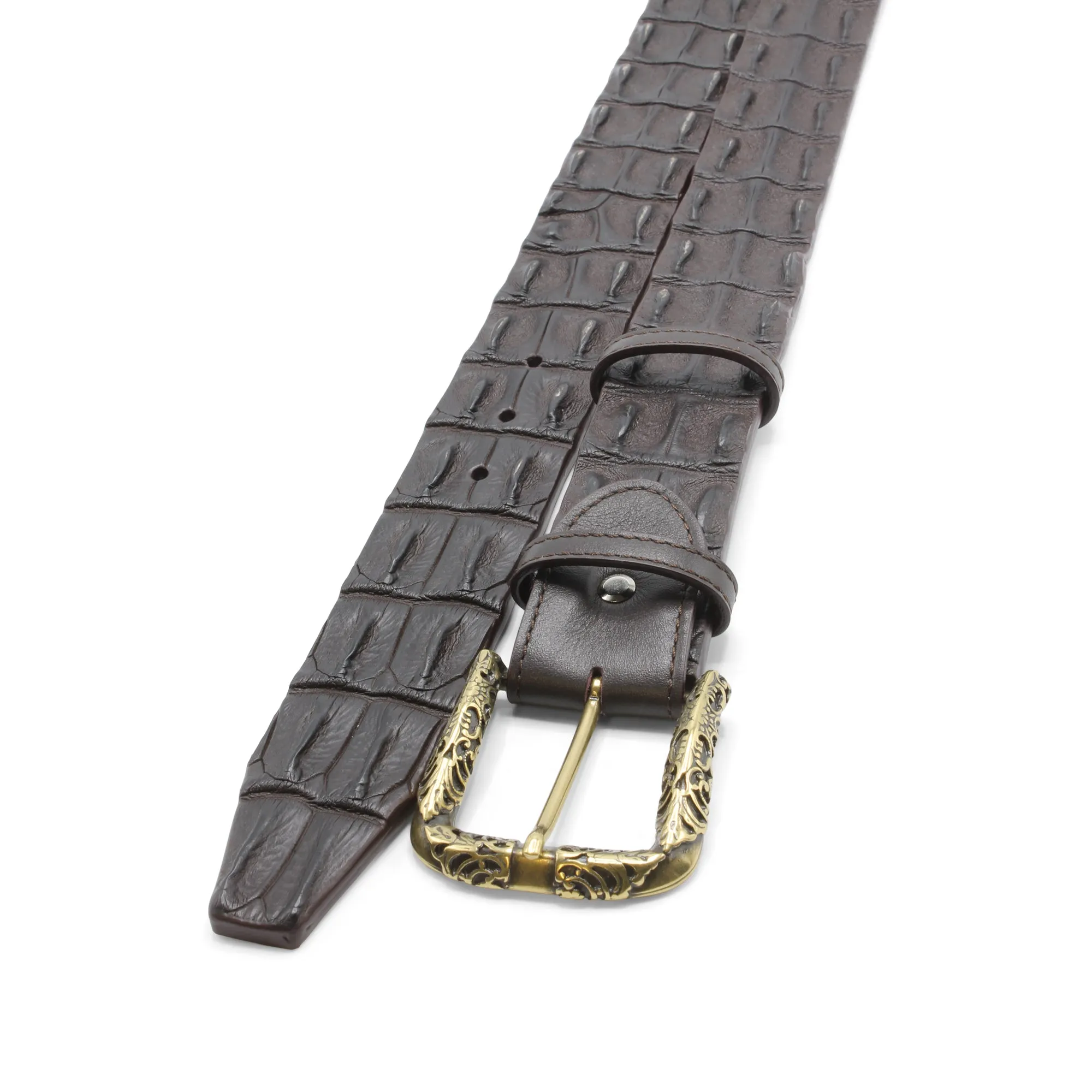 Deep Brown Genuine Porosus Crocodile Filigree Belt