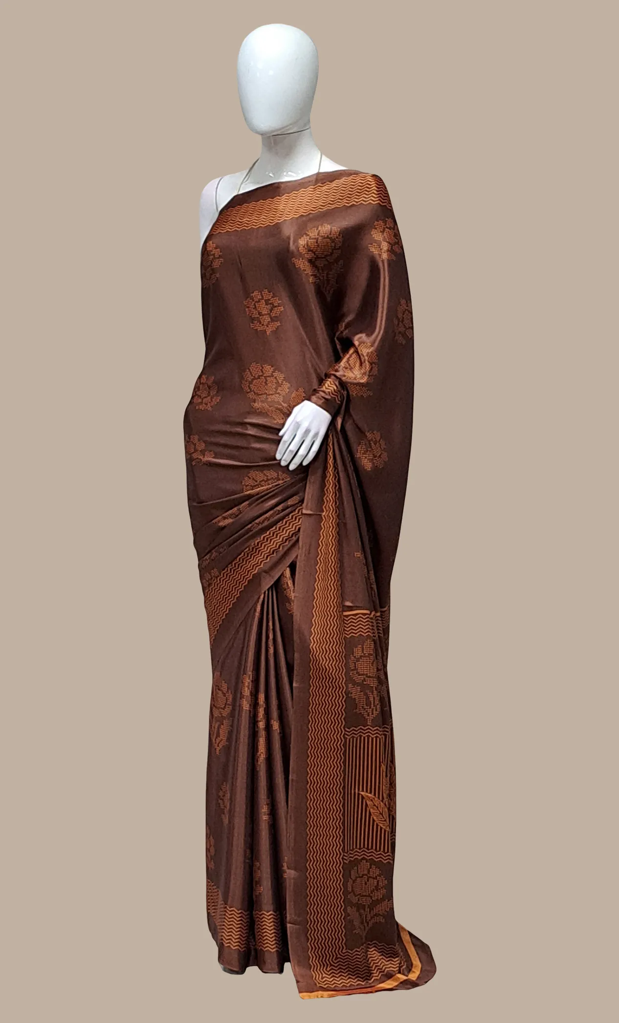 Deep Brown Printed Sari