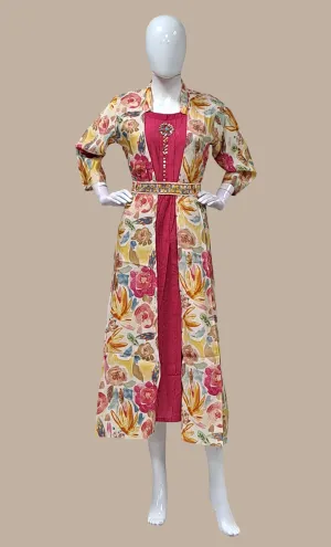 Deep Cerise Printed Kurti Dress & Jacket