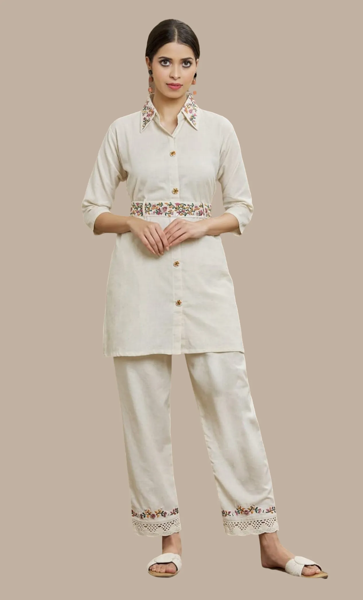 Deep Cream Embroidered Fusion Kurti & Pants