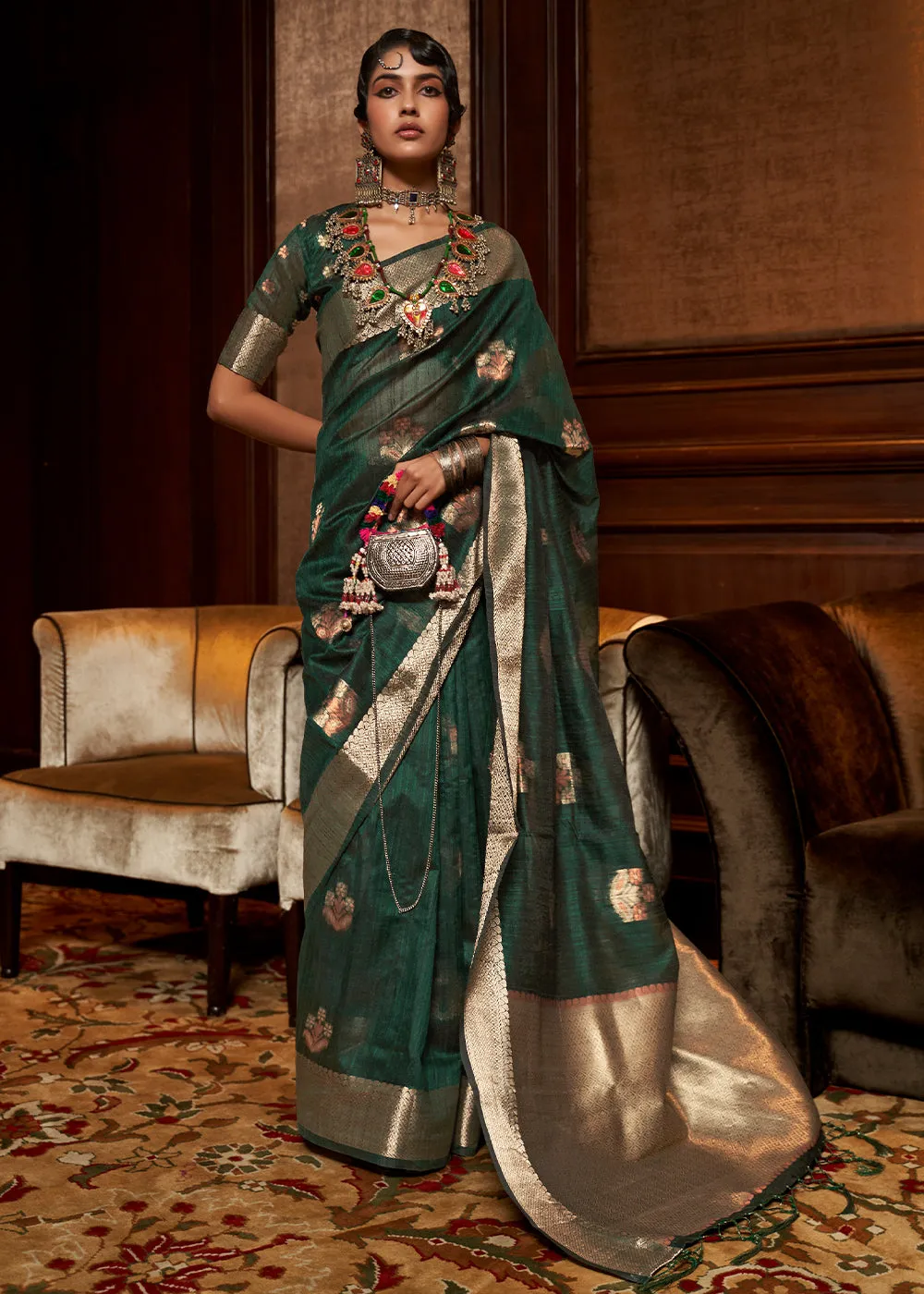 Deep Forest Green Handloom Weaving Silk Saree