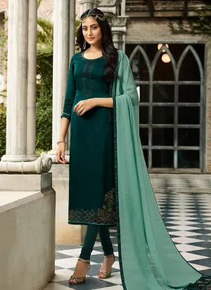 Deep Green Crystal Embroidered Churidar Suit