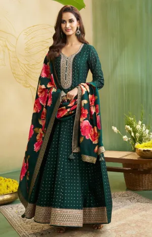 Deep Green Embellished Raw Silk Anarkali Set