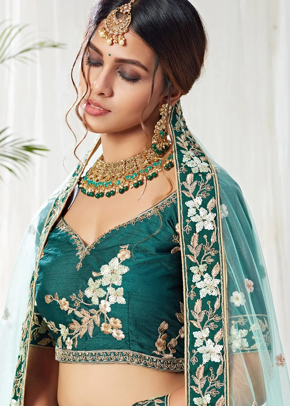 Deep Green Floral Embroidered Designer Lehenga Choli