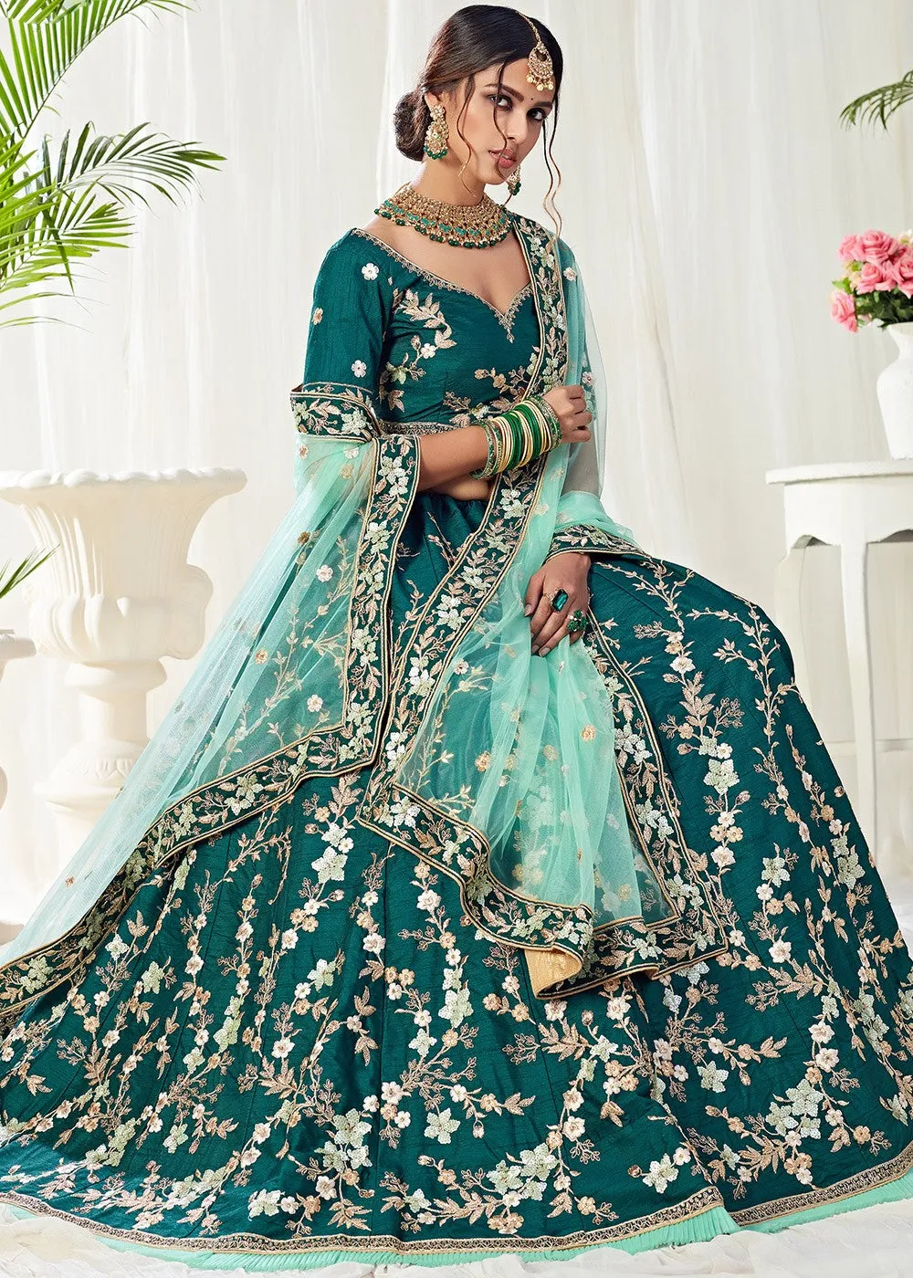 Deep Green Floral Embroidered Designer Lehenga Choli