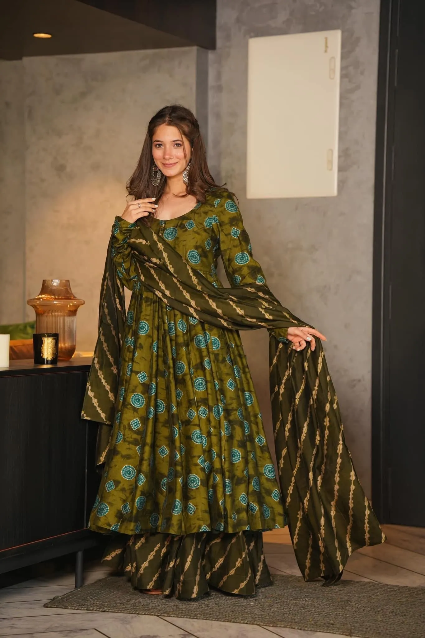 Deep Green Maslin Designer Suit Set with Heavy Digital Print