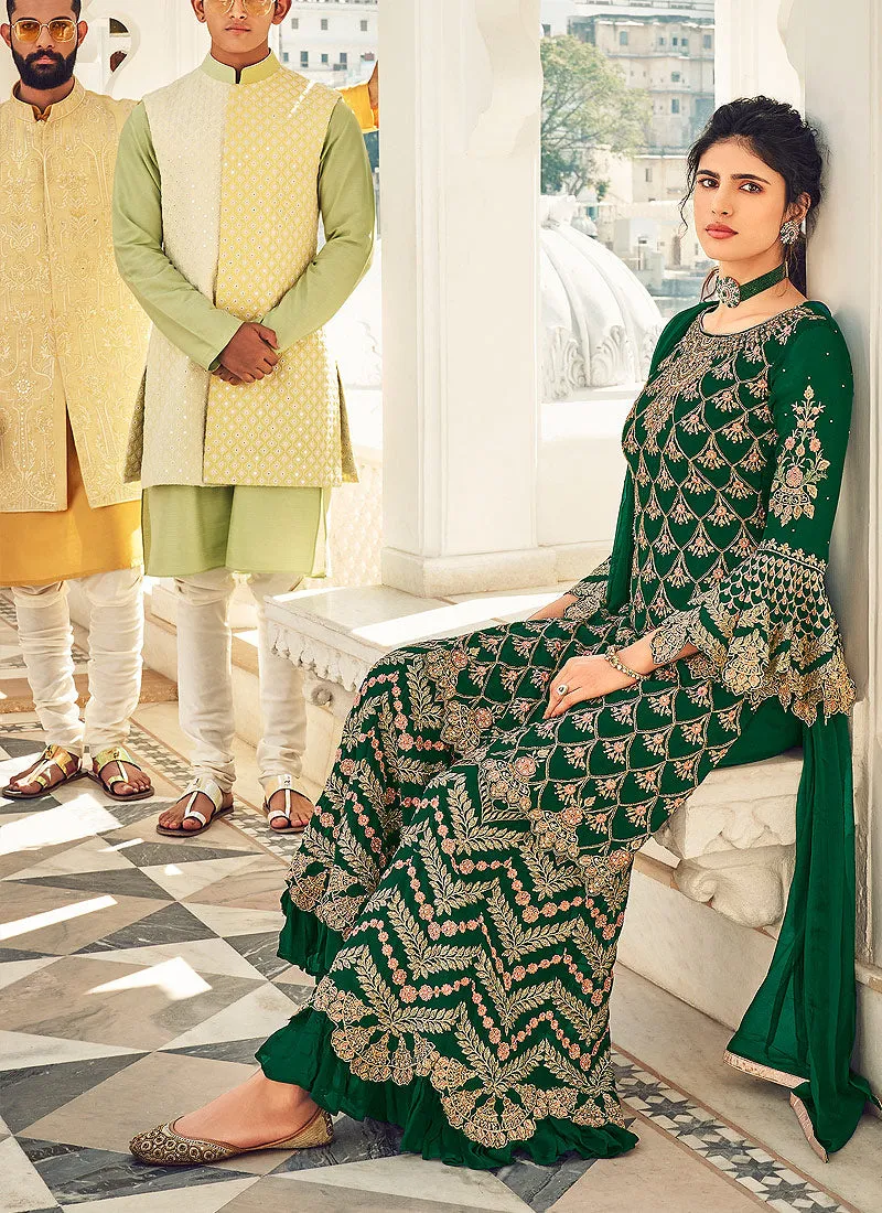 Deep Green Multi Embroidered Georgette Palazzo Suit