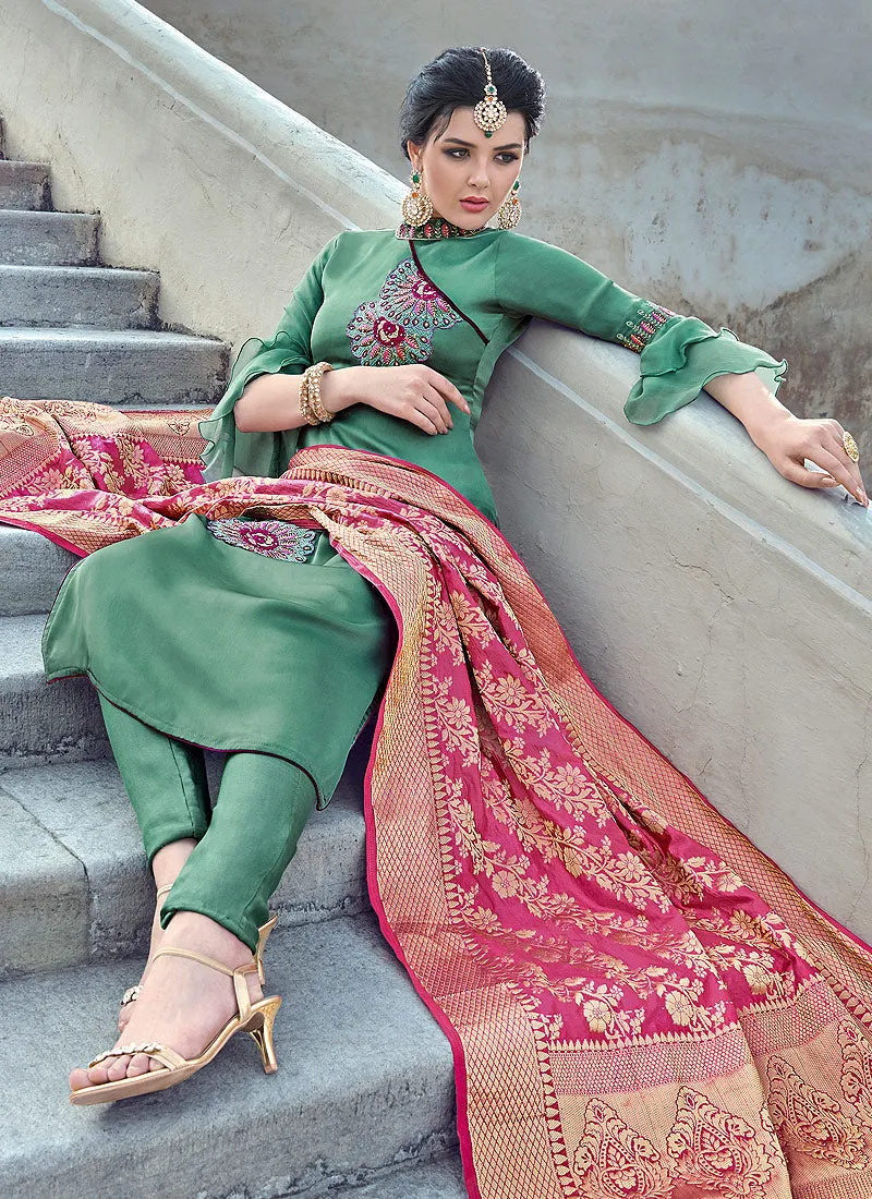 Deep Green Sober Embroidered With Banarasi Dupatta Pant Suit