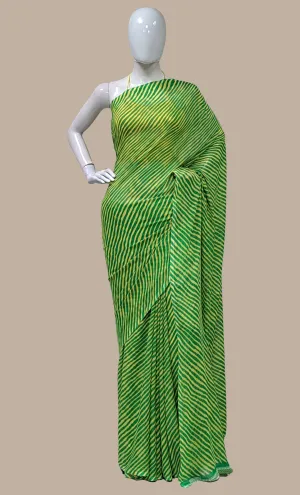 Deep Green Striped Printed Sari