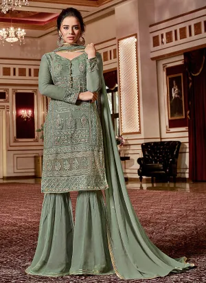 Deep Green Traditional Embroidered Georgette Sharara Suit