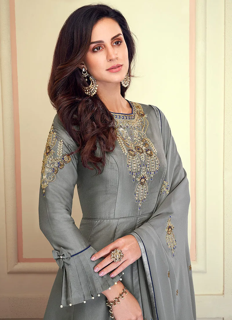 Deep Grey Designer Silk Anarkali Suit Set