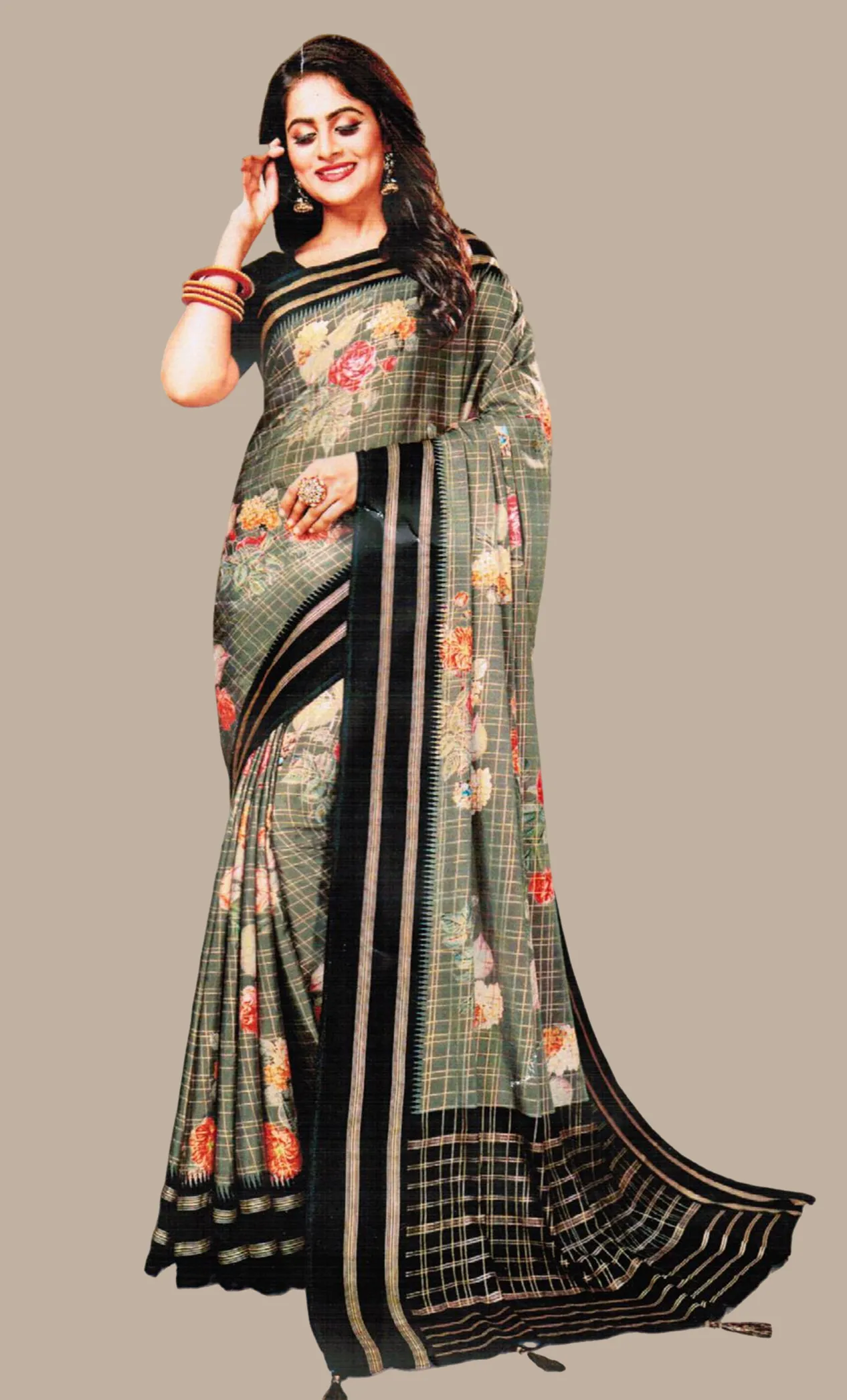 Deep Grey Floral Printed Sari