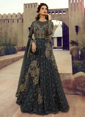 Deep Grey Golden Embroidered Flared Anarkali Suit