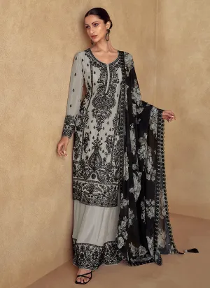 Deep Grey Thread Embroidery Traditional Palazzo Suit