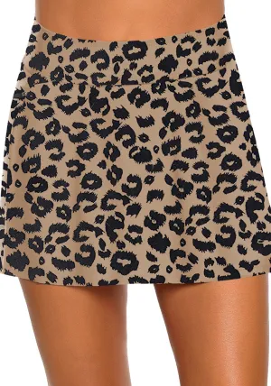 Deep Leopard Print Zipper-Pocket Waistband Skirted Bikini Bottom