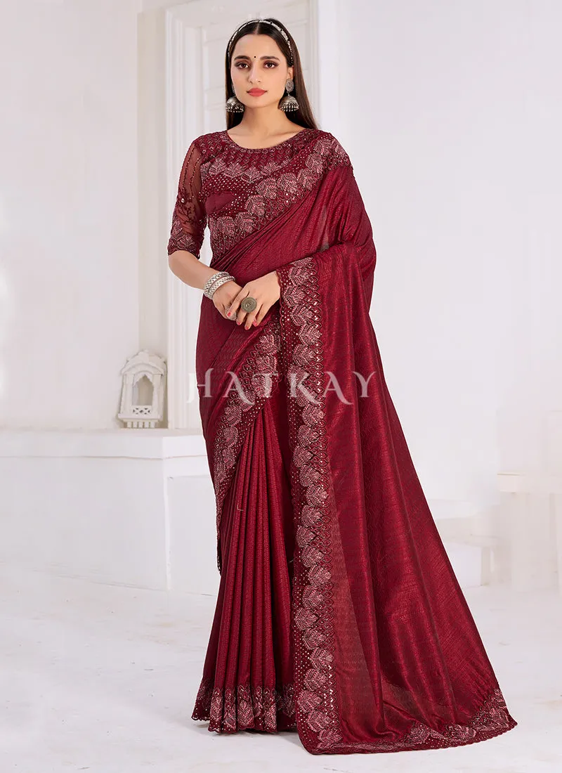 Deep Maroon Embroidered Wedding Wear Indian Saree